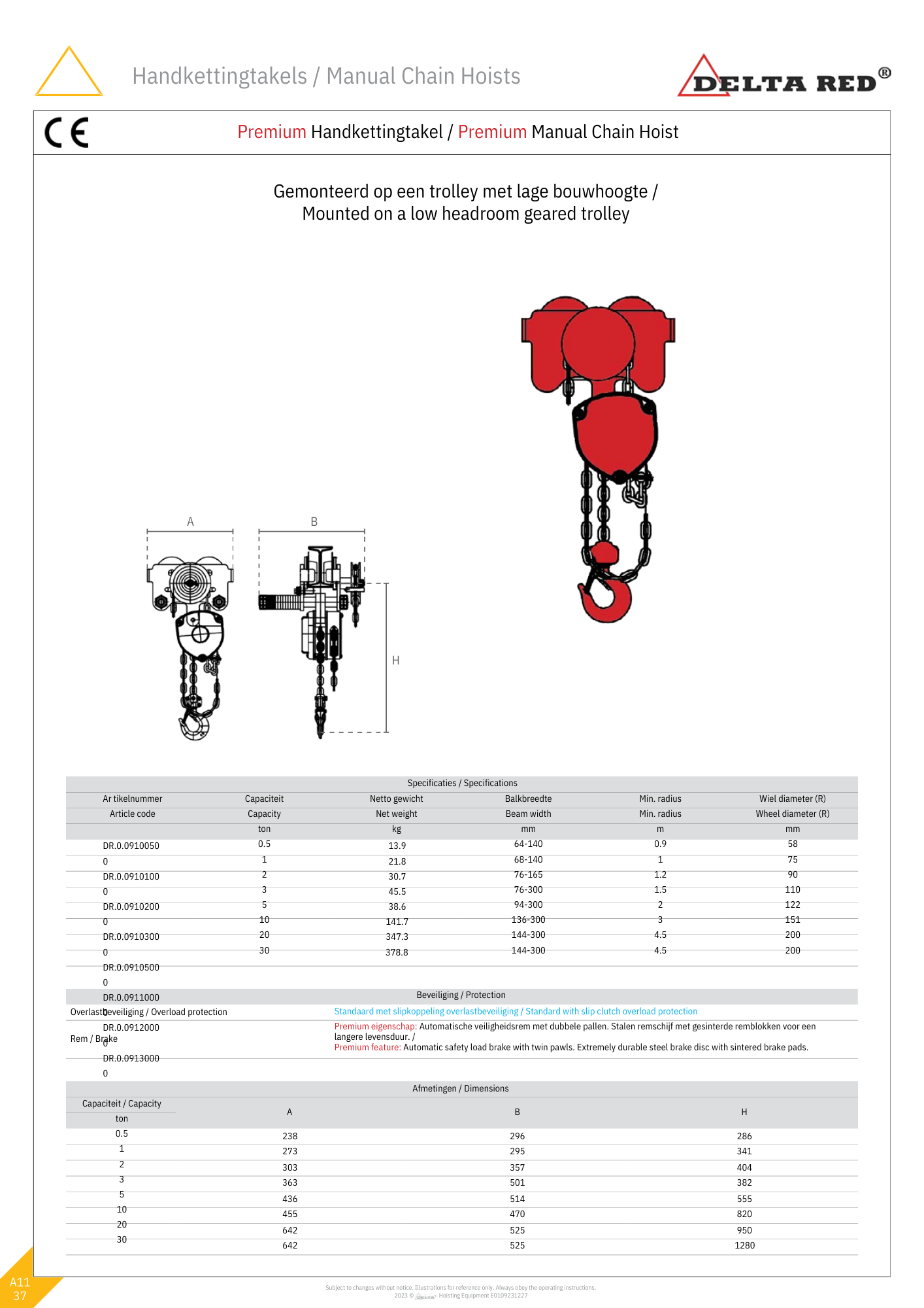 Handkettingtakel | Red Premium | met loopkat | 500KG tot 5000KG