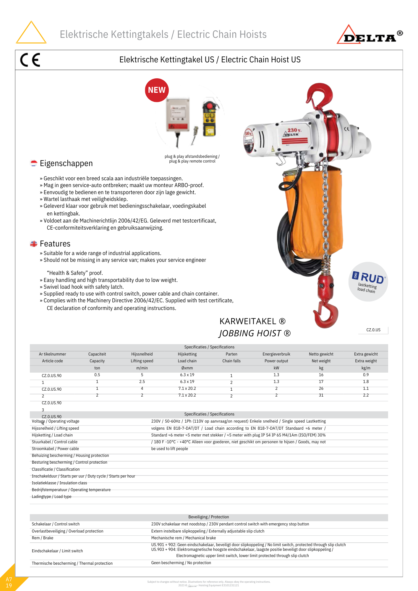 Elektrische kettingtakel US 500KG tot 2000KG 230 volt