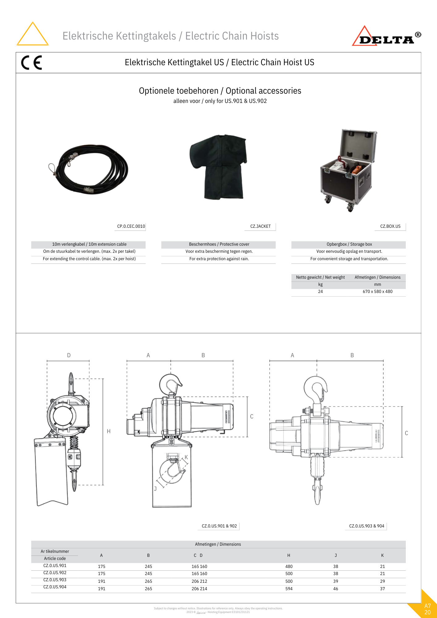 Elektrische kettingtakel US 500KG tot 2000KG 230 volt